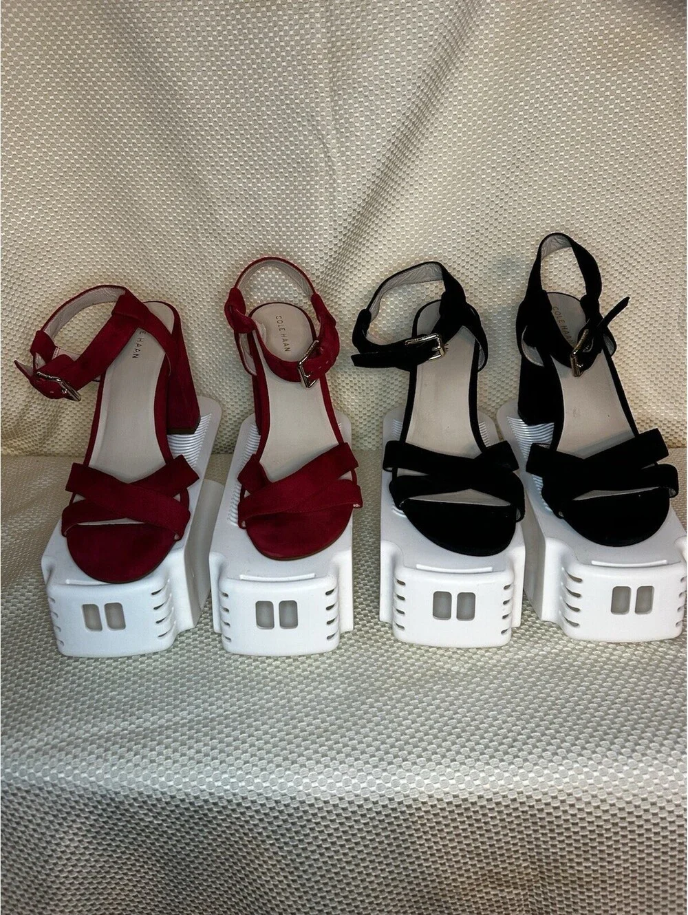 Set Of 2 Cole Haan Kadi Sandals Suede Block Heel Gold Buckle Tango Red Black 8B
